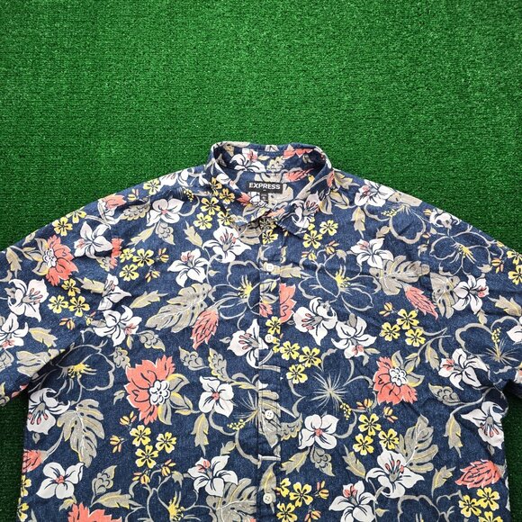 Express Shirt‎ Mens XL 17-17.5 Blue Button Up Floral Hawaiian Summer Beach AOP - Picture 2 of 7